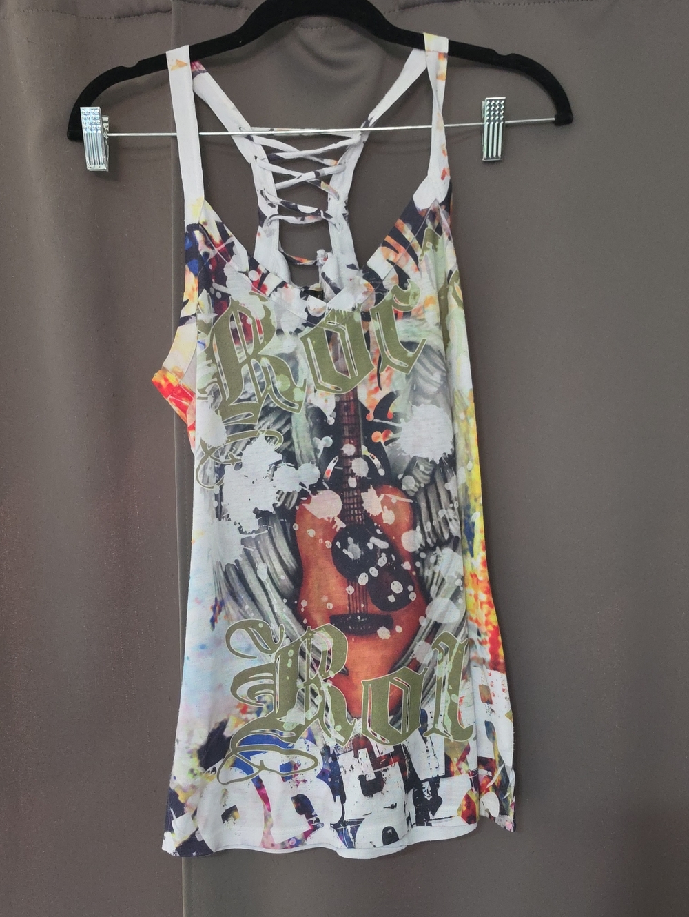Women's White Multi-Color Graphic Lace-Up Back Tank Top